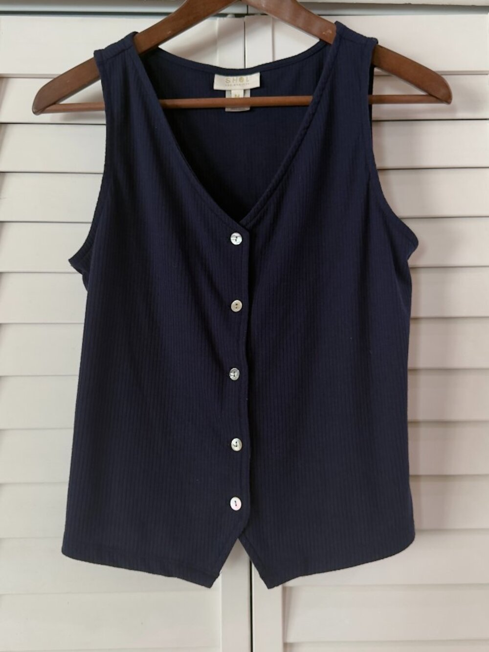 Shol Navy Ribbed Vest Front Button Closure - Size M